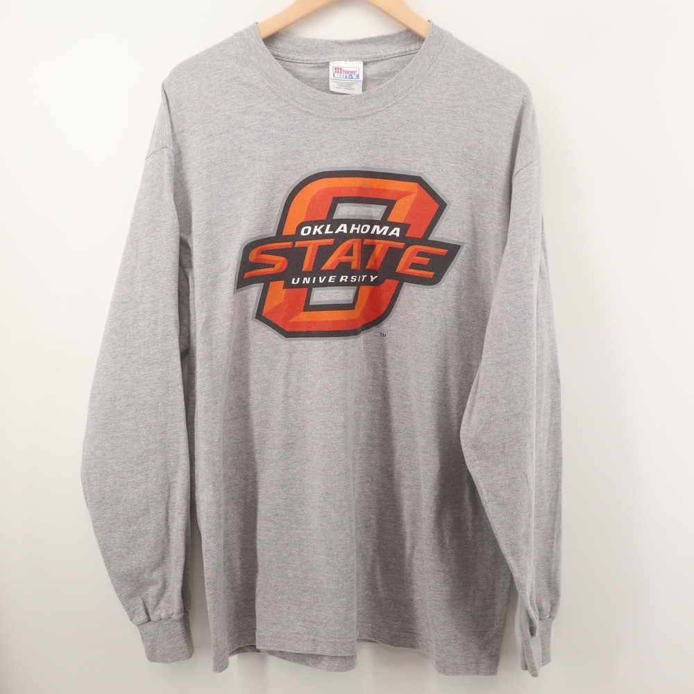 Hanes Gray Long Sleeve Tee with Orange Oklahoma State Logo